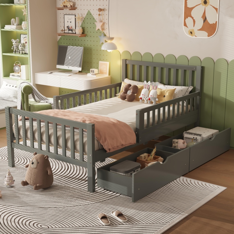 Kids Twin Bed with Underbed Storage Drawers and Safety Guardrails