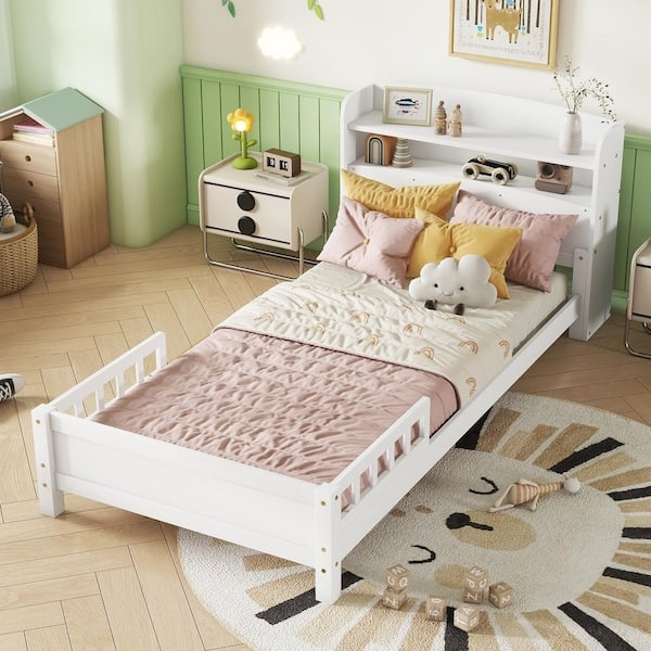 Kids White Bed Frame with Bookcase Headboard and Guardrails