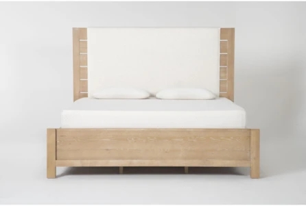 King Bed Natural Wood Frame with Inset Off White Upholstered Panel