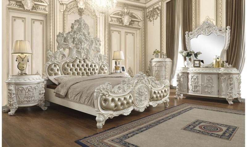 King Bed Ornate Scrollwork Carving Champagne Tufted Upholstery Rococo