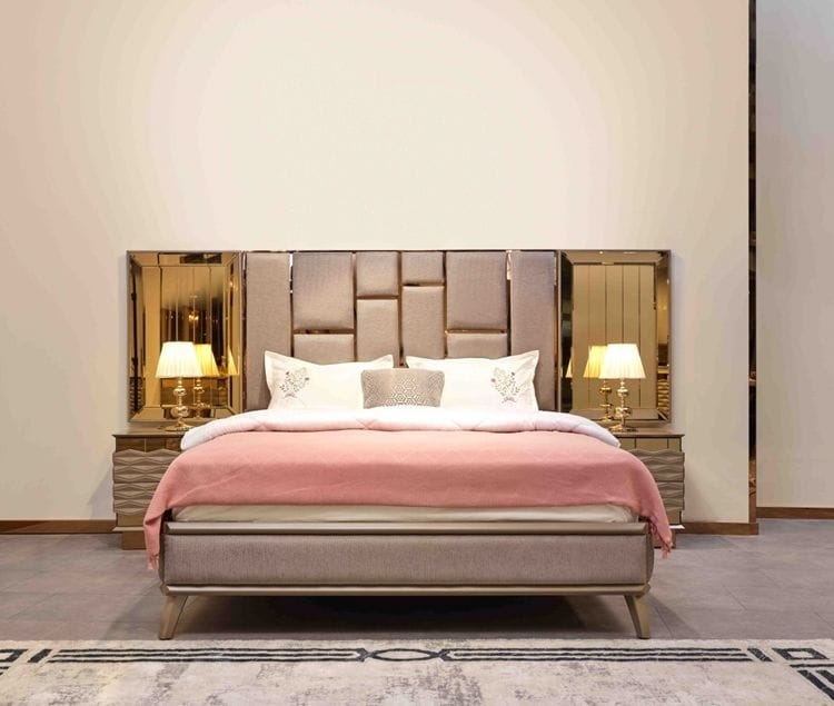 King Bed Taupe Geometric Block Headboard Mirrored Wings Modern Glam