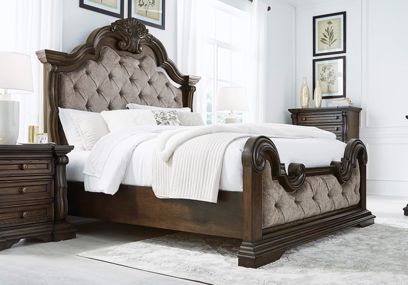 King Bed Traditional Dark Espresso Scrolled Woodwork Taupe Tufting
