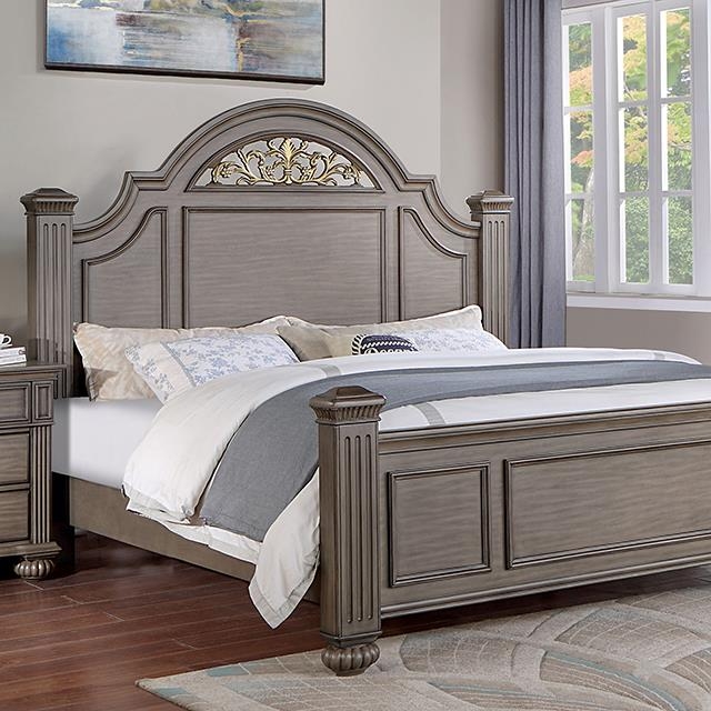 King Bed Weathered Grey Gold Filigree Inlay Arched Headboard