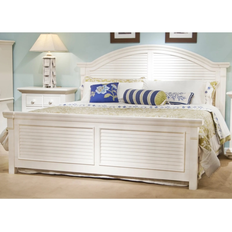 King Bed White Finish Arched Louvered Panels Cottage Style