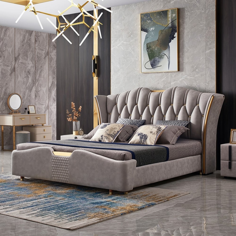 King Bed Wingback Vertical Tufting Gold Metal Trim Bed