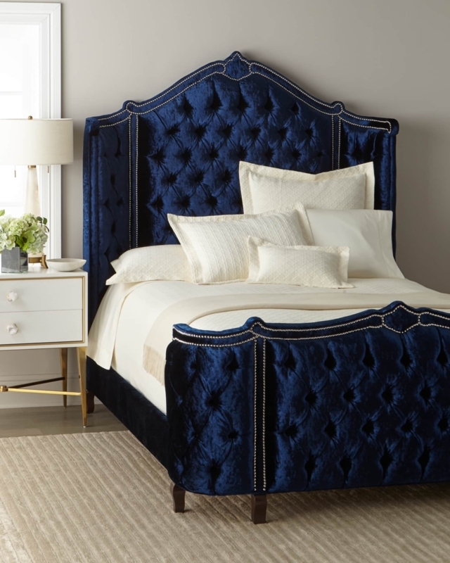 King Bed with Navy Crushed Velvet and Diamond Tufting