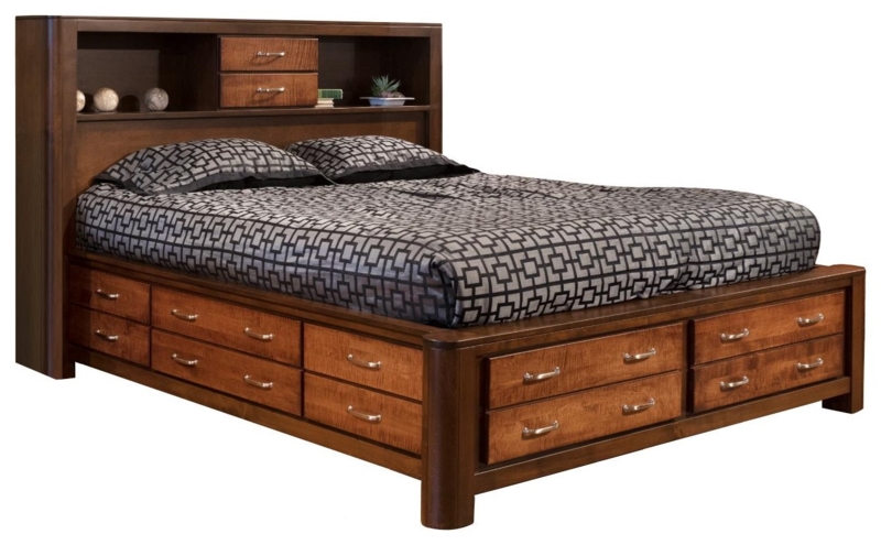 King Bookcase Bed with 3-Sided Storage and Wood Finish