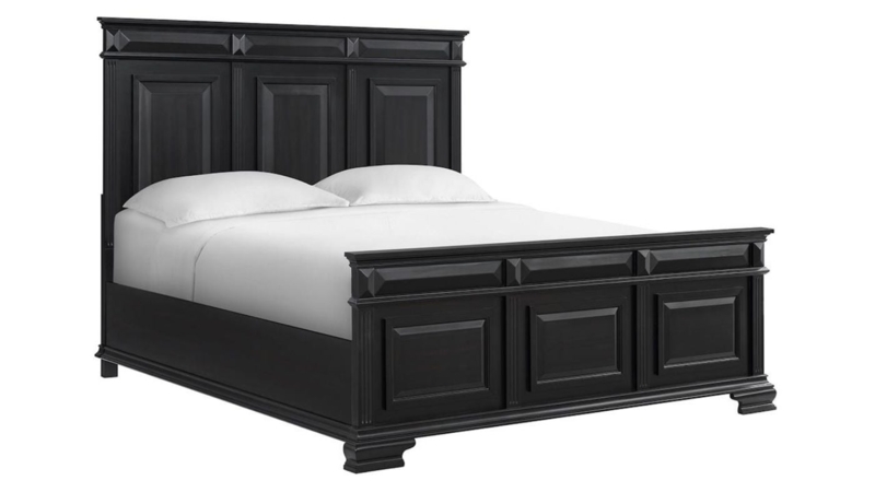 King Panel Bed Black Geometric Paneling Crown Molding Detail