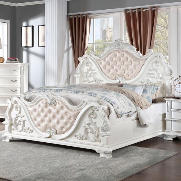King Panel Bed Pearl White Finish Ornate Carvings Tufted