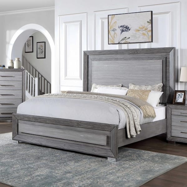 King Panel Bed Weathered Gray Wood Recessed Panels LED Accent Lighting