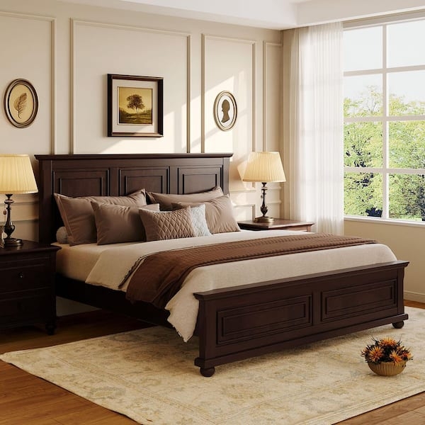 King Platform Bed Rich Brown Wood Vintage Paneled Headboard Frame