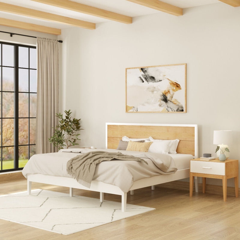 King Platform Bed Slatted Headboard Two-Tone White and Natural Wood