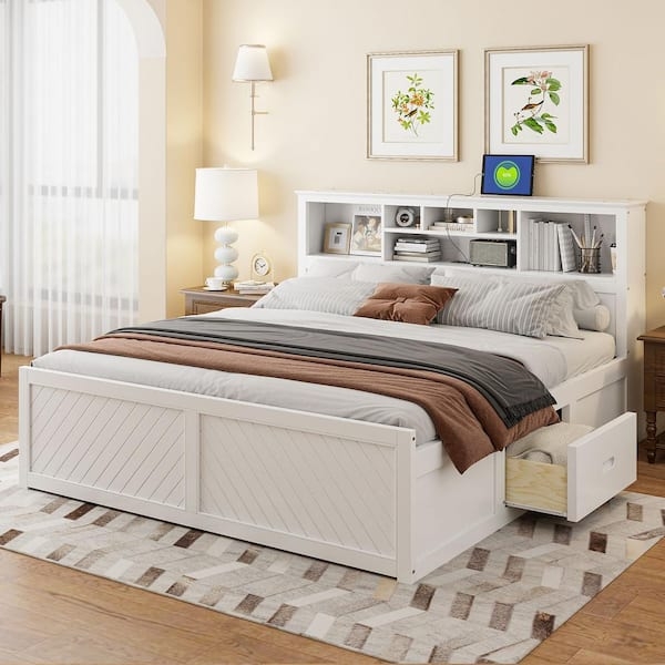 King Platform Storage Bed with Bookcase Headboard and Chevron Panels
