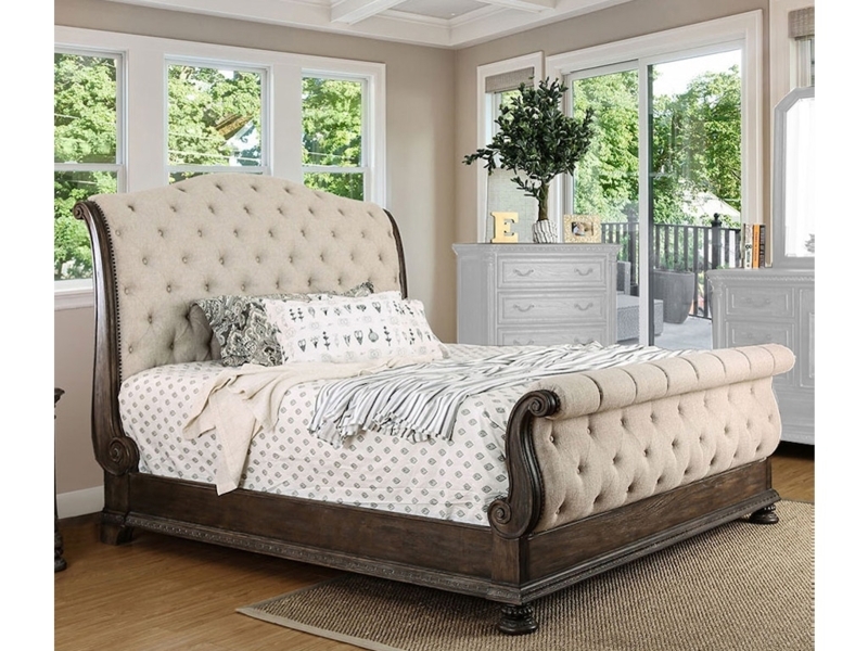 King Size Bed Espresso Finish Arched Headboard Black Button Tufting