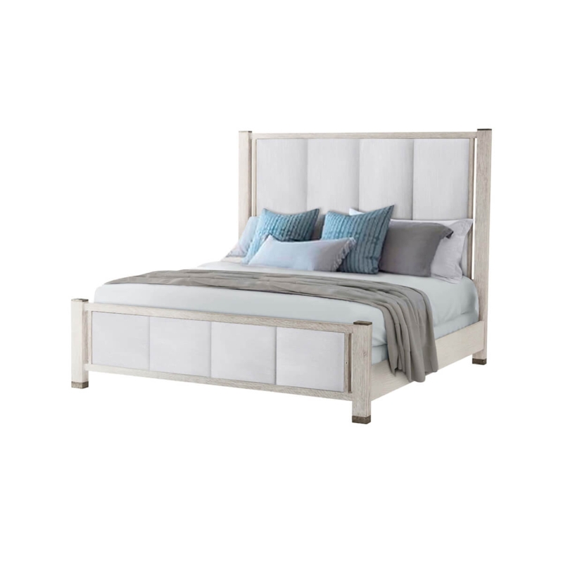 King Size Bed Whitewashed Upholstered Paneled Headboard Coastal