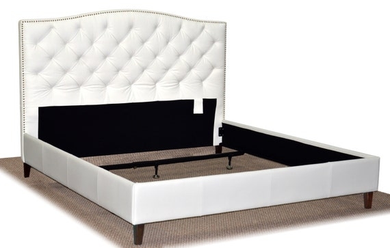 King Size White Genuine Leather, Diamond Tufted Bed with Pewter Nail Heads