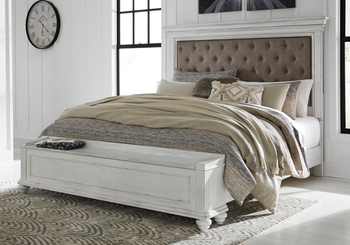 King Storage Bed Whitewashed Finish Tufted Taupe Headboard Storage Bench