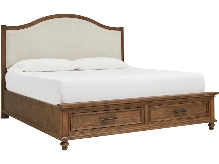 King Storage Bed with Curved Upholstered Headboard and Footboard Drawers