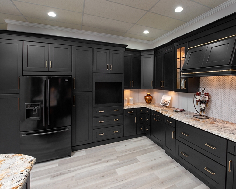 Kitchen Cabinets Midnight Black Shaker with Gold Hardware Accents