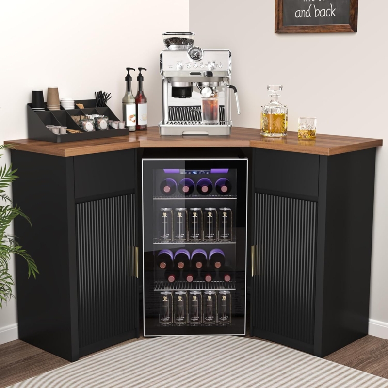 L-Shaped Corner Bar Cabinet with Black Ribbed Doors and Fridge Space