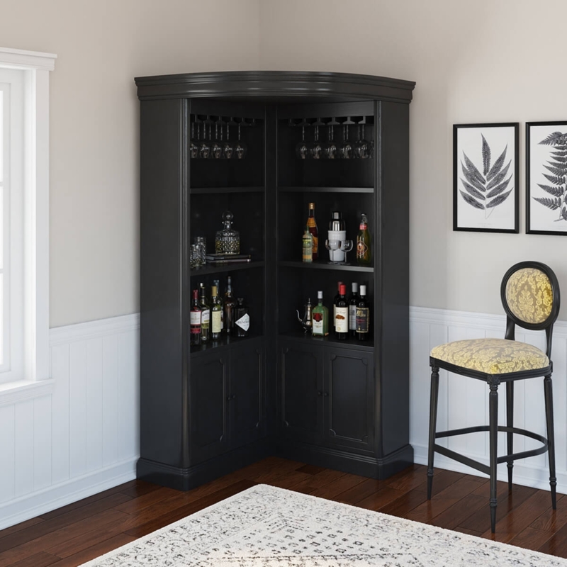 L-Shaped Corner Bar Cabinet with Stemware Rack and Storage