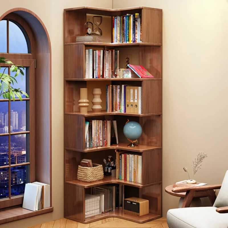 L-shaped Corner Bookcase 6-Tier Medium Walnut Warm Wood