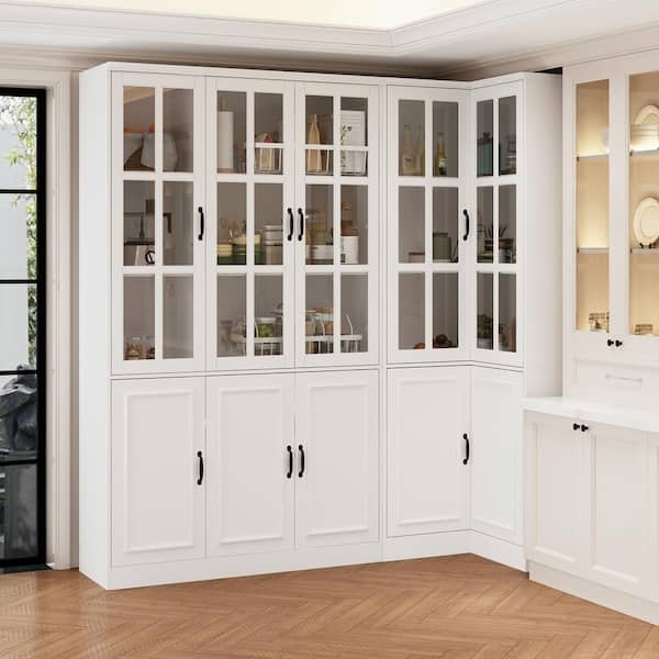 L-Shaped Corner Bookcase Grid Glass Doors Shaker Cabinet Transitional