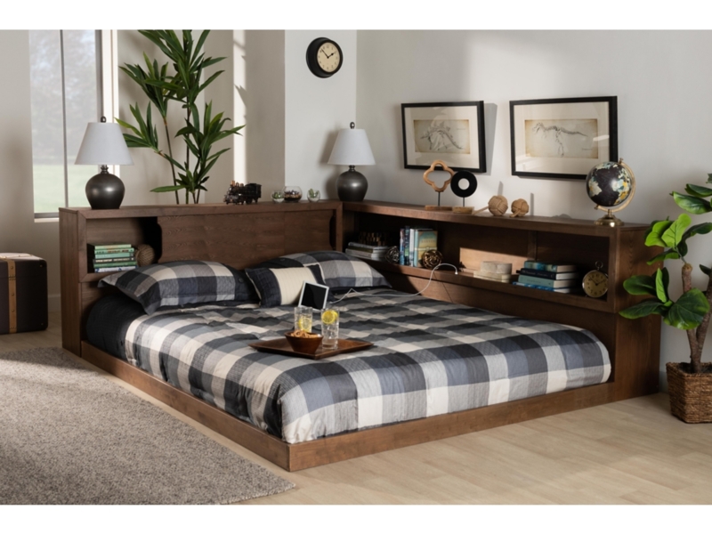 L-Shaped Headboard Storage Bed Wraparound Shelving Built-In Outlet