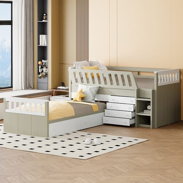 L-Shaped Loft Bed Set with Seven Storage Drawers in Sage Green