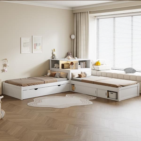 L-Shaped White Platform Bed with Trundle, Desk, and LED Corner Hub