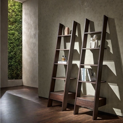 Ladder Bookcase Dark Brown Wood Bottom Drawer Leaning Design