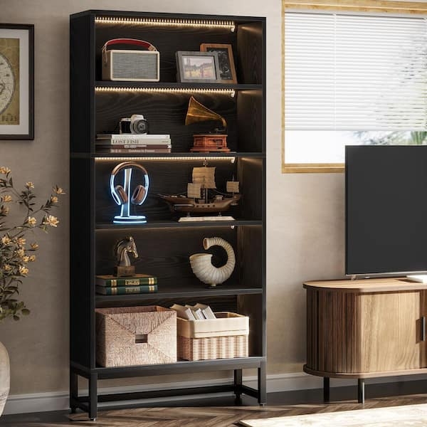 Ladder Bookcase Leaning Design Matte Black Four Tier Open Back