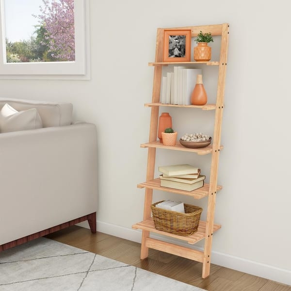 Ladder Bookcase Slatted Shelves Natural Wood Scandinavian Style