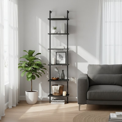 Ladder Bookcase Wall Mounted Black Monochrome Six Tier Minimalist