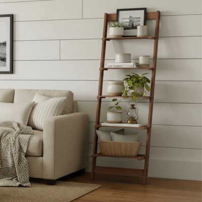 Ladder Bookcase Walnut Finish Leaning Silhouette Transitional