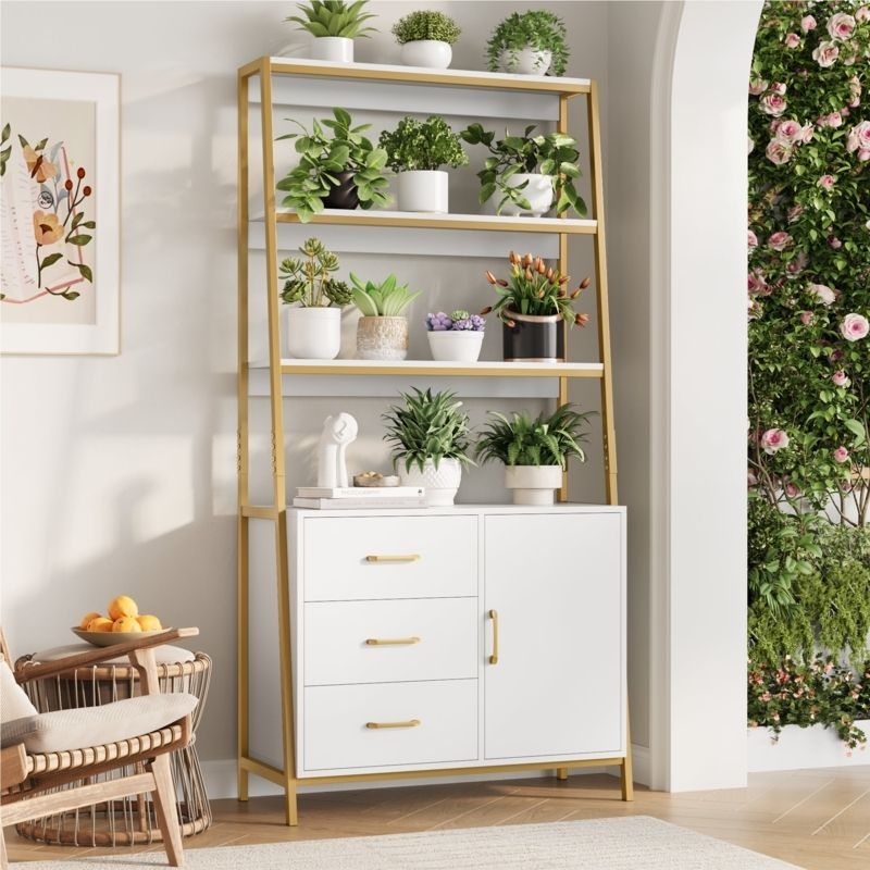 Ladder Bookcase White and Gold with Integrated Cabinet Base