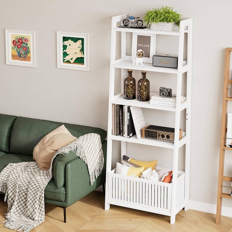 Ladder Bookcase with Slatted Bottom Basket Storage