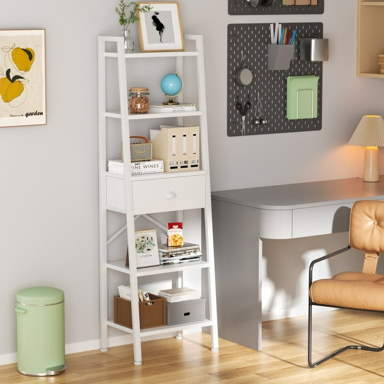 Ladder Bookshelf Integrated Drawer White Painted Narrow Design