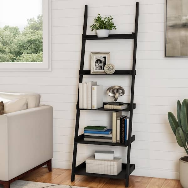Ladder Bookshelf Matte Black Finish Leaning Silhouette Open Tier