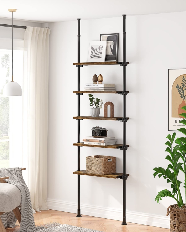 Ladder Bookshelf Tension Mount Floor to Ceiling Industrial Style