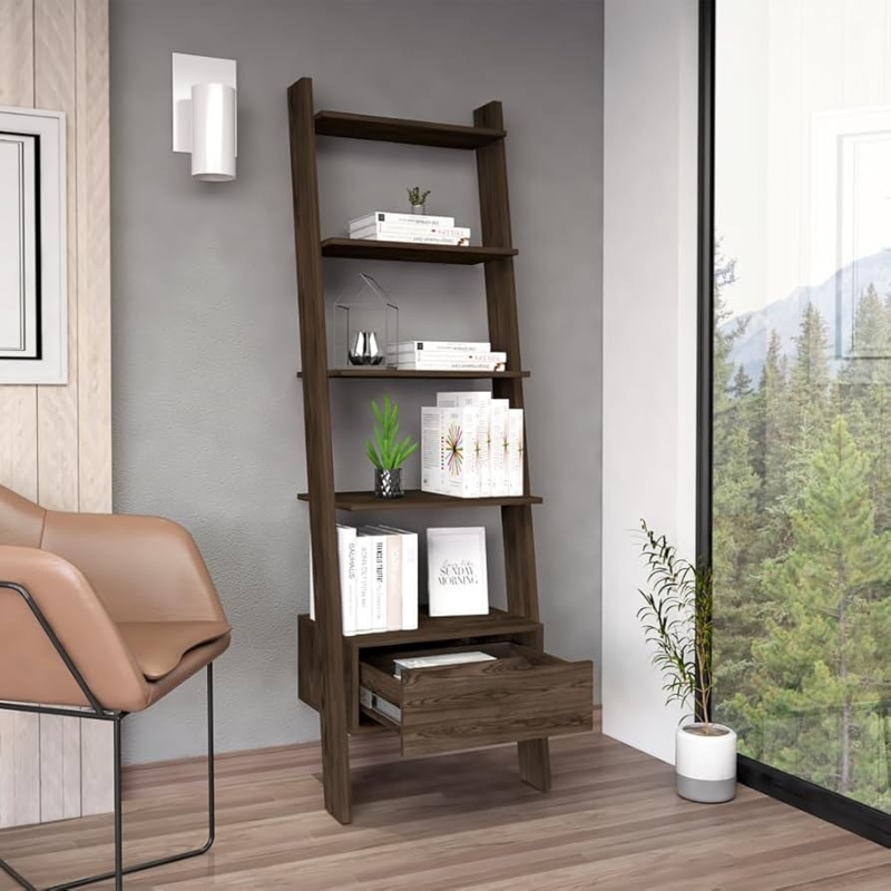 Ladder Bookshelf Walnut Tone Integrated Base Drawer Sleek Design