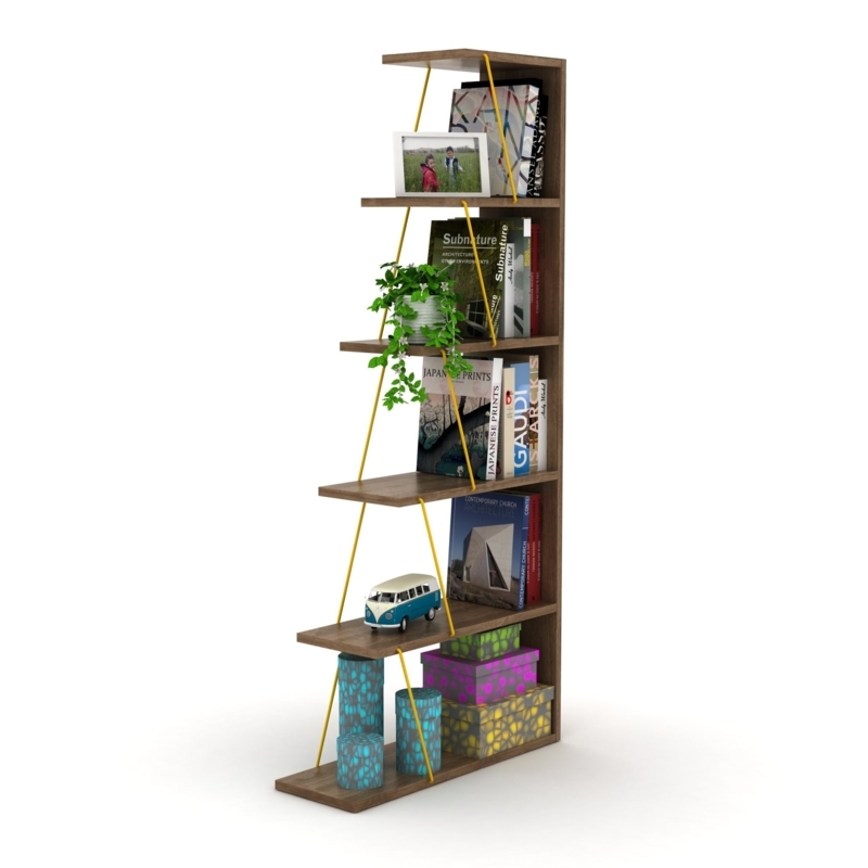 Ladder Bookshelf Yellow Support Rods Asymmetrical Playful Design