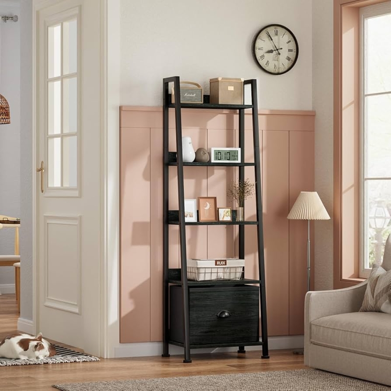 Ladder Shelf with Bottom Drawer Black Leaning A-Frame Design