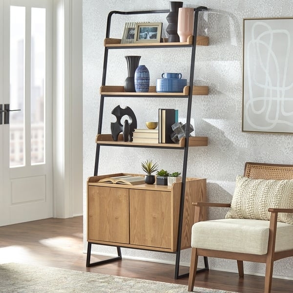 Ladder Shelf with Cabinet Natural Wood Black Metal Scandinavian