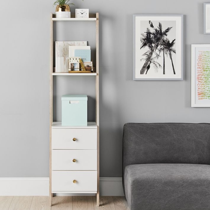 Ladder Style Bookcase Three Drawer Base Grey Wash Finish Scandinavian Shelf