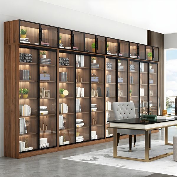 Large Bookcase featuring Integrated Interior Lighting and Glass Doors