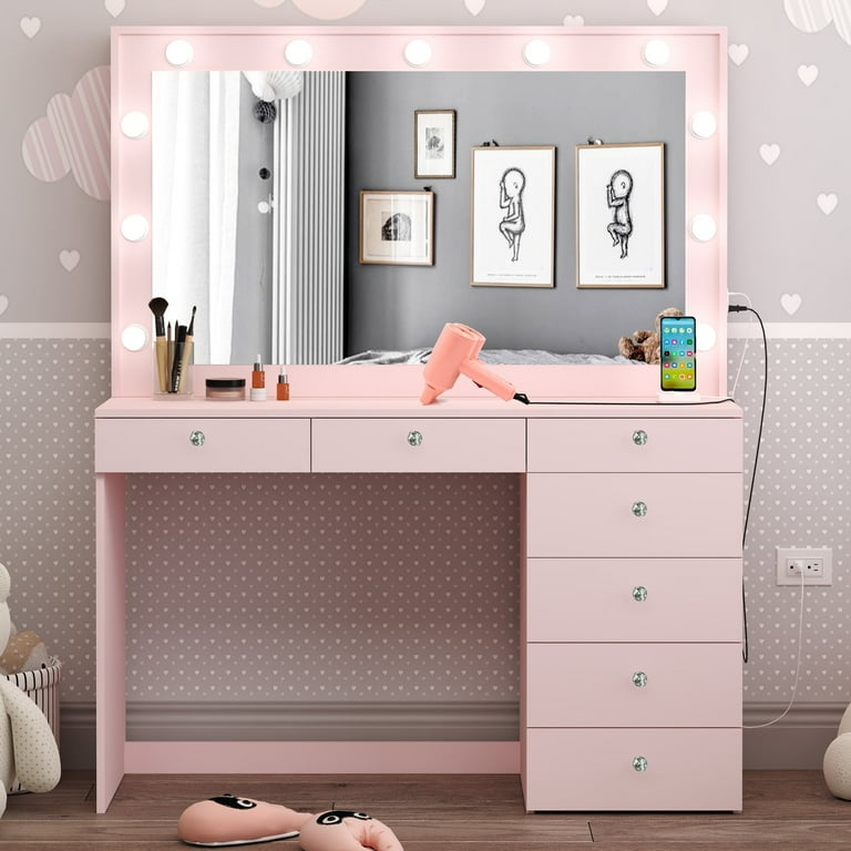 Large Vanity Desk with Hollywood Mirror, Seven Drawers, Crystal Knobs