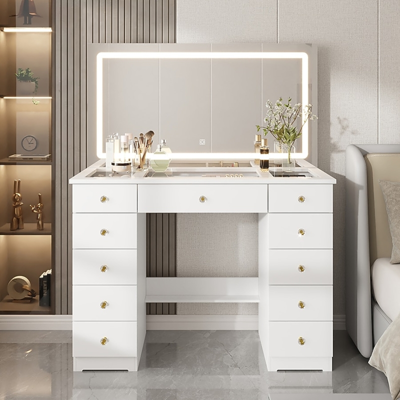 Large Vanity with 11 Drawers, Glass Top & LED Backlit Mirror