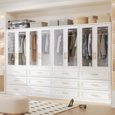 Large Wardrobe Closet with Glass Doors and Tiered Drawer Storage