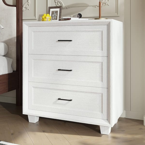 Large White 3 Drawer Nightstand Textured Finish Black Hardware